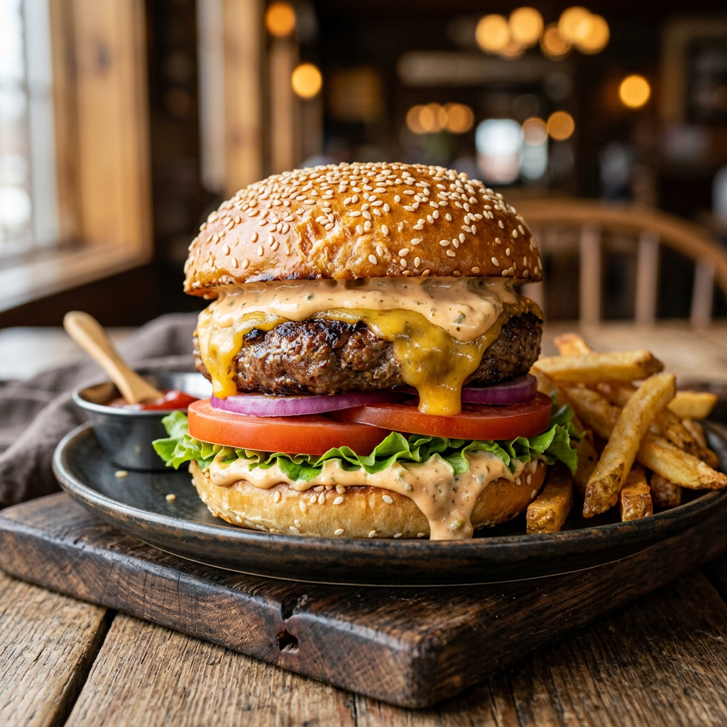 Mouth-watering gourmet burger with dramatic lighting