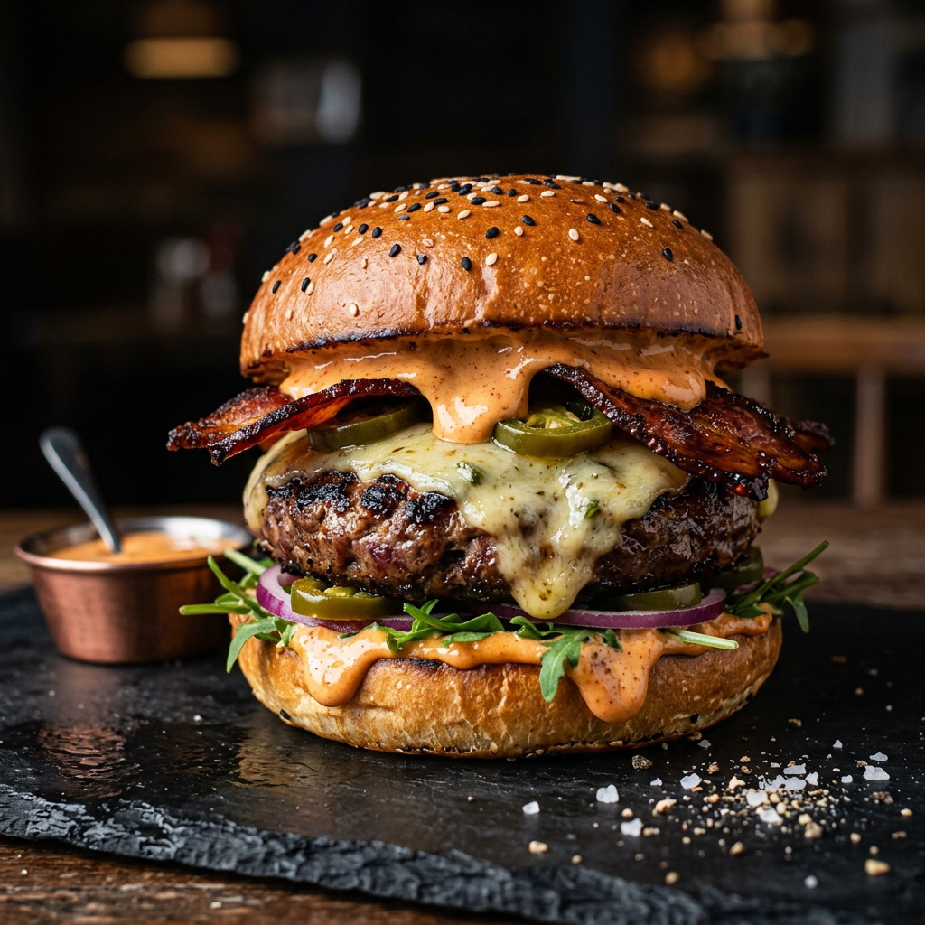 Smoke and Fire burger with chipotle mayo and jalapeno jack