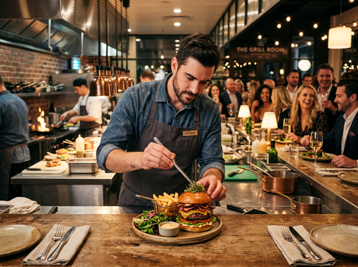 Chef plating a gourmet burger at the BurgerLab open kitchen counter